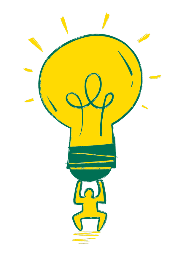 An illuminated lightbulb held up by a figure