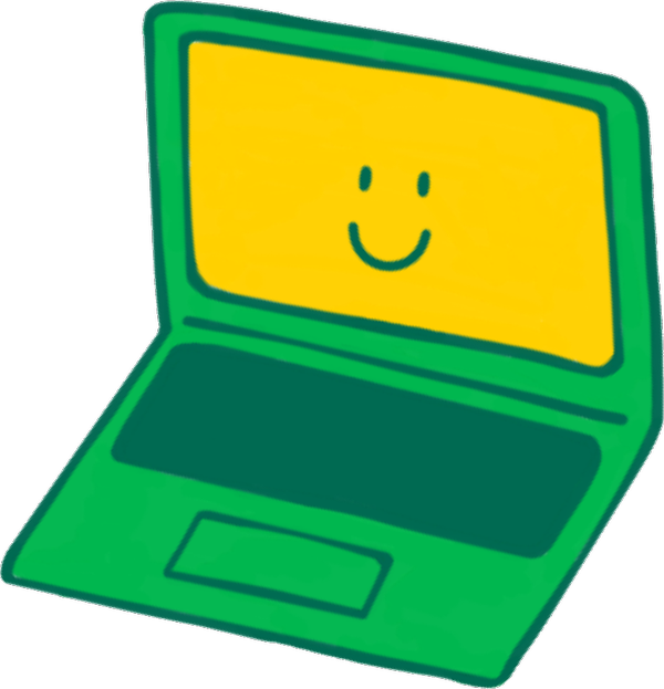 A green laptop with a smiling face on the screen